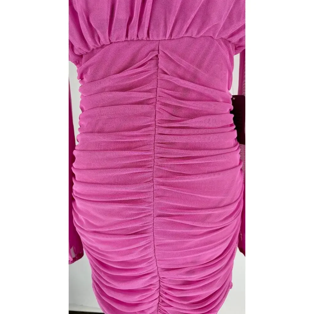 Love X Design Womens Super Pink Ruched Bodycon Dress Long Sleeve Size Medium NWT